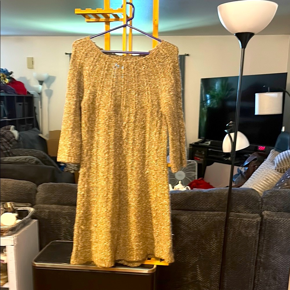Gold Long-Sleeve Knit Dress